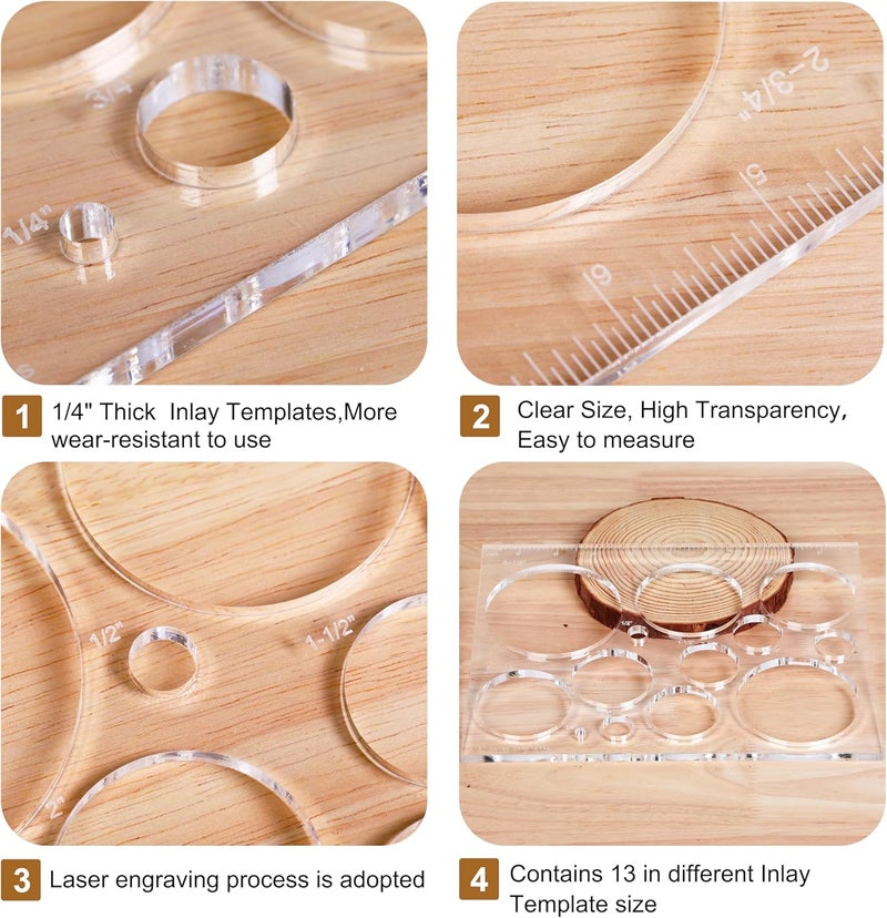 Monliful 10"*7.9" inches 13 in 1 Router Template for Woodworking,Router Jig Template,Bowtie Router Template Jig Kit, Circle Inlay Template Decorative Template, clarity - Image 3